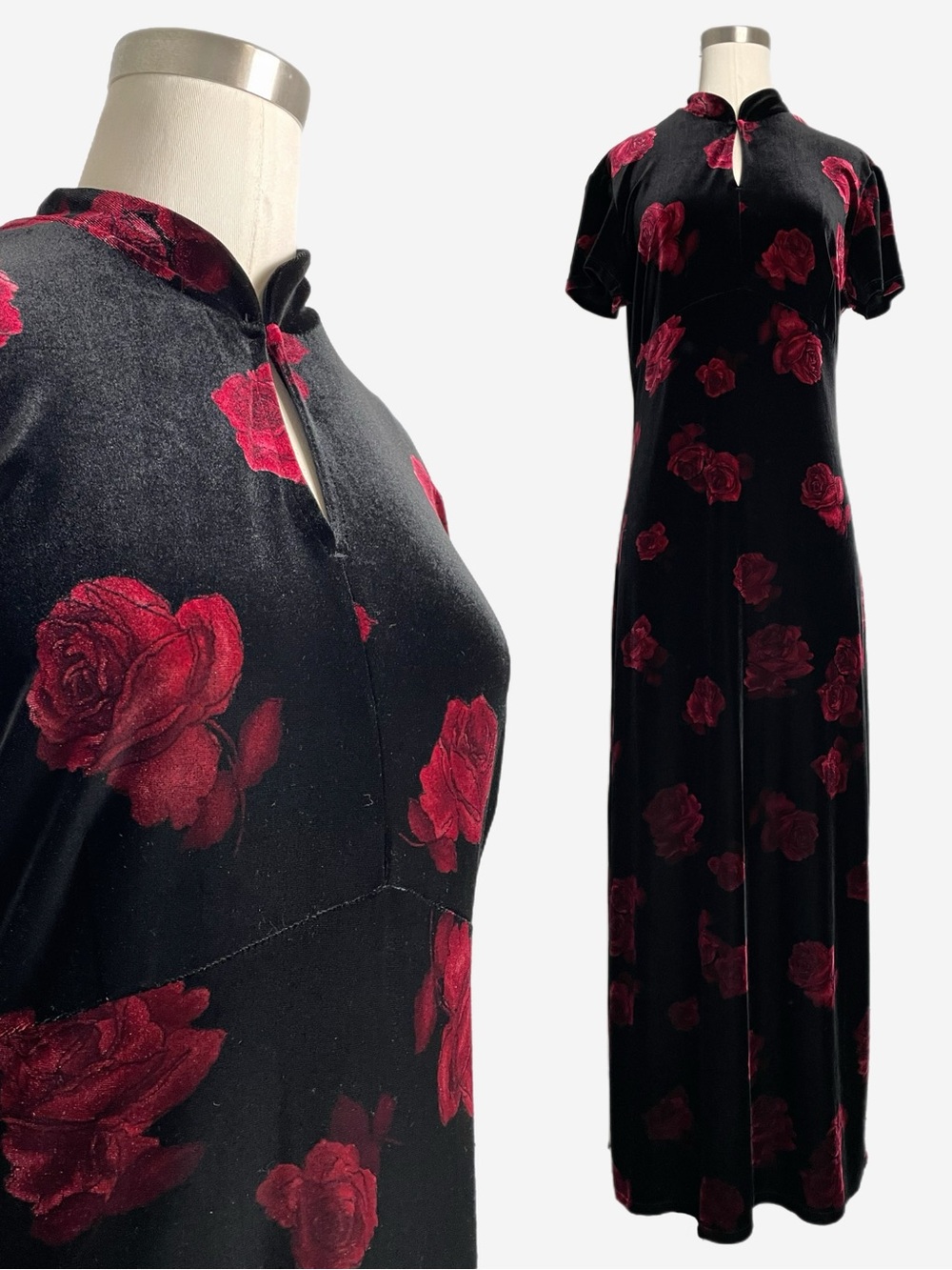 Vintage Y2K CDC black velvet rose print cheongsam maxi dress vamp romantic S/M